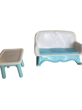 fisher price loving family dream dollhouse Sofa Set Blue White Couch Bench 2pc